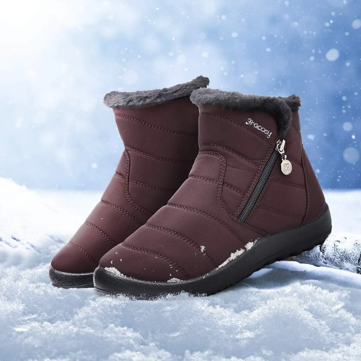 gracosy Warm Snow Boots, Women's Winter Ankle Bootie Anti-Slip Fur Lined Ankle Short Boots Waterproof Slip On Outdoor Shoes