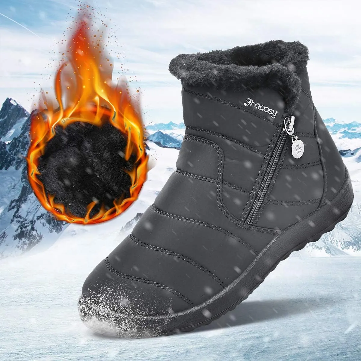 gracosy Warm Snow Boots, Women's Winter Ankle Bootie Anti-Slip Fur Lined Ankle Short Boots Waterproof Slip On Outdoor Shoes