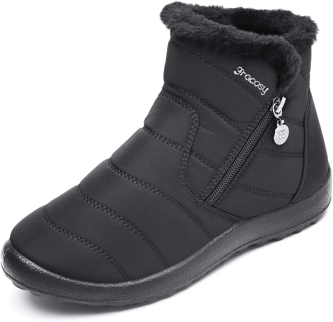 gracosy Warm Snow Boots, Women's Winter Ankle Bootie Anti-Slip Fur Lined Ankle Short Boots Waterproof Slip On Outdoor Shoes