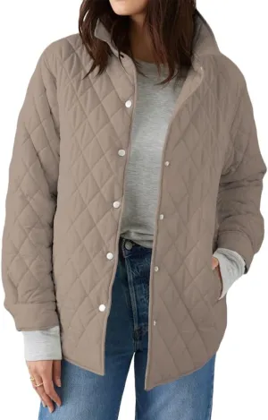 Grlasen Women's Lightweight Quilted Jacket Stand Collar Single-breasted Long Sleeve Warm Oversized Coat with Pockets