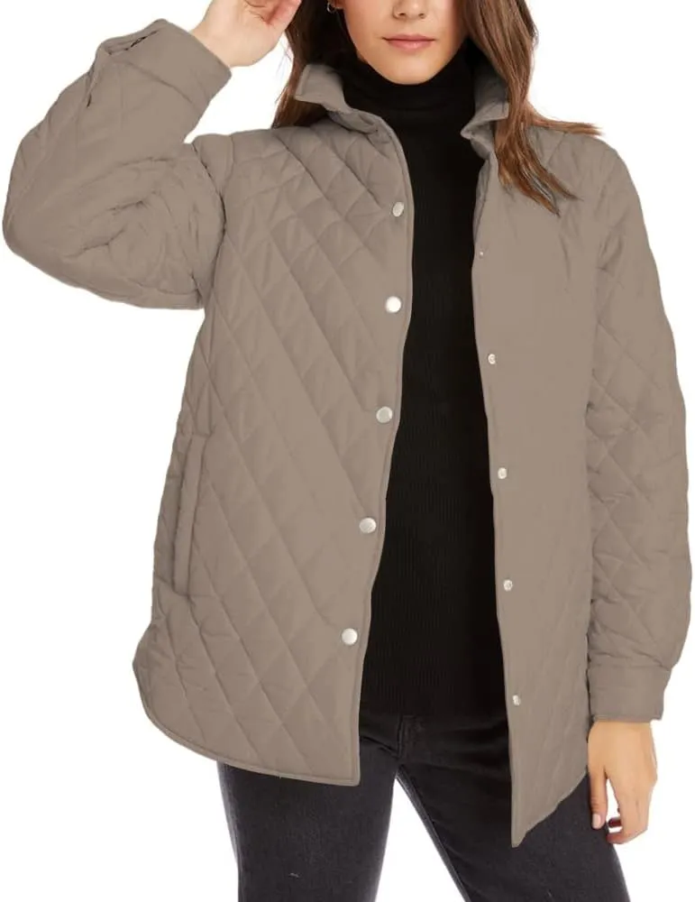 Grlasen Women's Lightweight Quilted Jacket Stand Collar Single-breasted Long Sleeve Warm Oversized Coat with Pockets