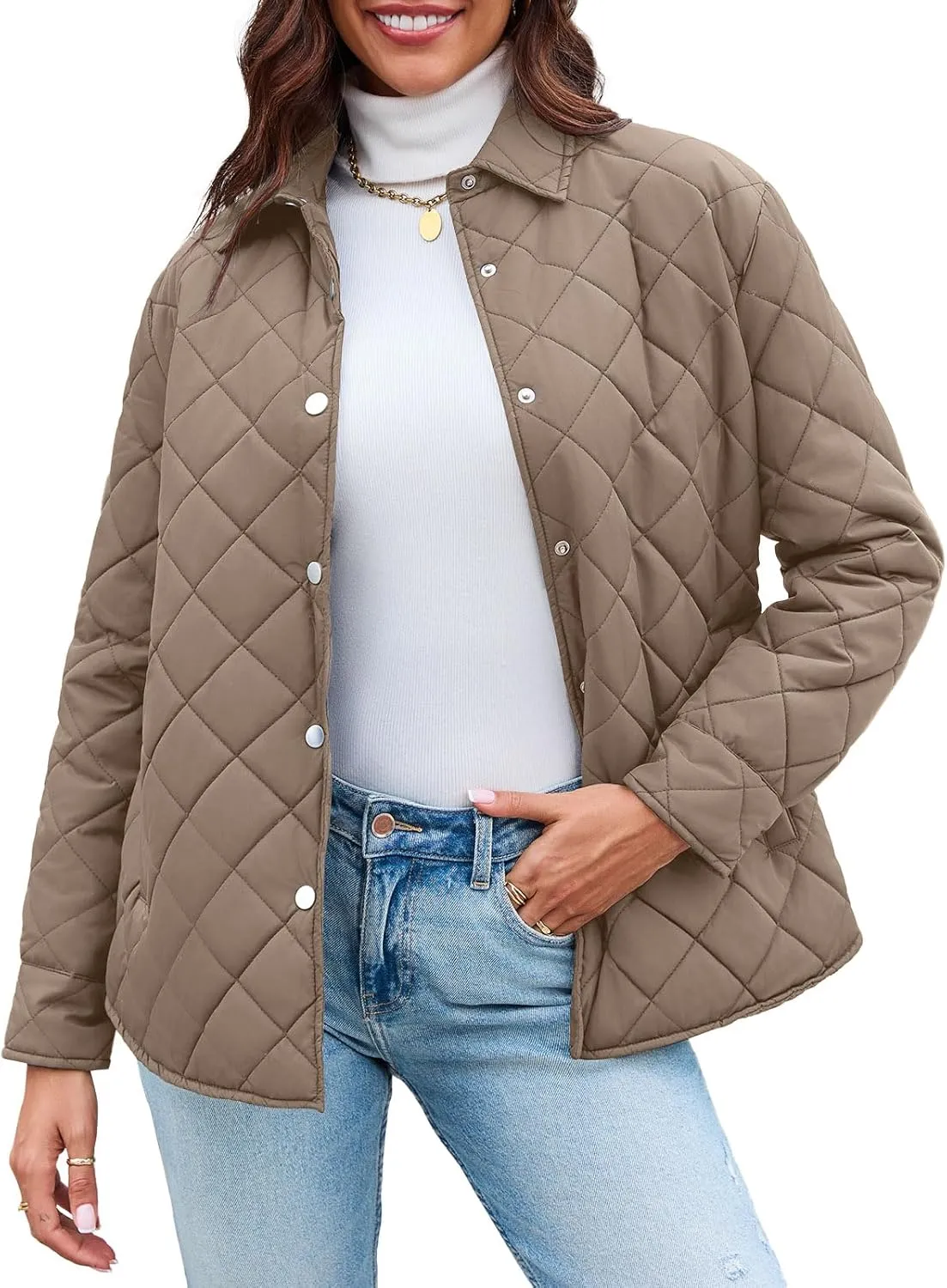 Grlasen Women's Lightweight Quilted Jacket Stand Collar Single-breasted Long Sleeve Warm Oversized Coat with Pockets