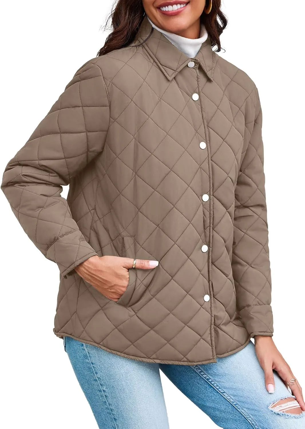Grlasen Women's Lightweight Quilted Jacket Stand Collar Single-breasted Long Sleeve Warm Oversized Coat with Pockets