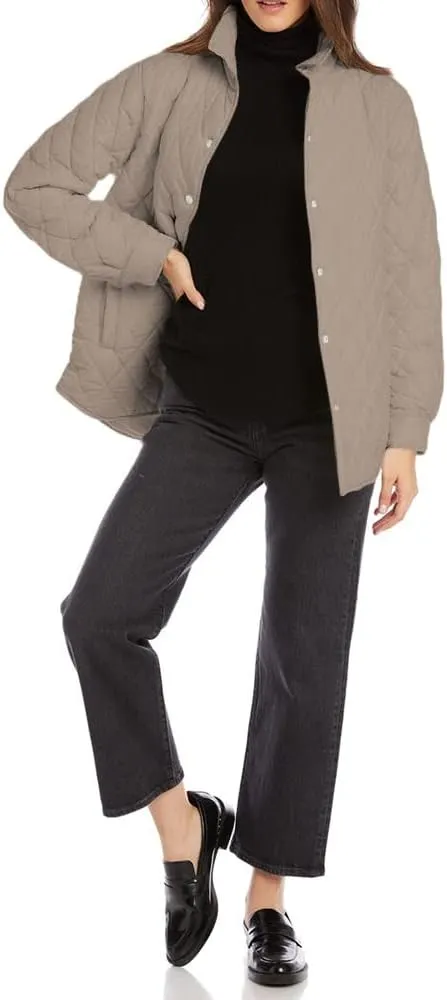 Grlasen Women's Lightweight Quilted Jacket Stand Collar Single-breasted Long Sleeve Warm Oversized Coat with Pockets