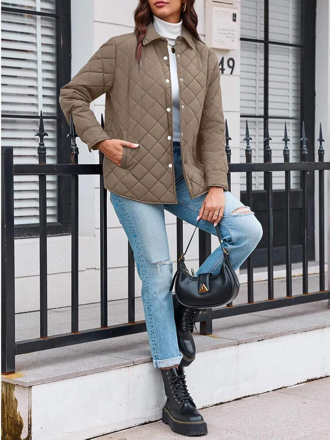 Grlasen Women's Lightweight Quilted Jacket Stand Collar Single-breasted Long Sleeve Warm Oversized Coat with Pockets
