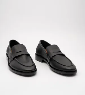 Hand-Welted Unlined Black Milled Leather Penny Loafer