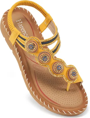 HARENCE Flat Sandals for Women Dressy: Comfortable Summer Flats Shoes Elastic Ankle Strap Bohemian Beaded Beach Sandal