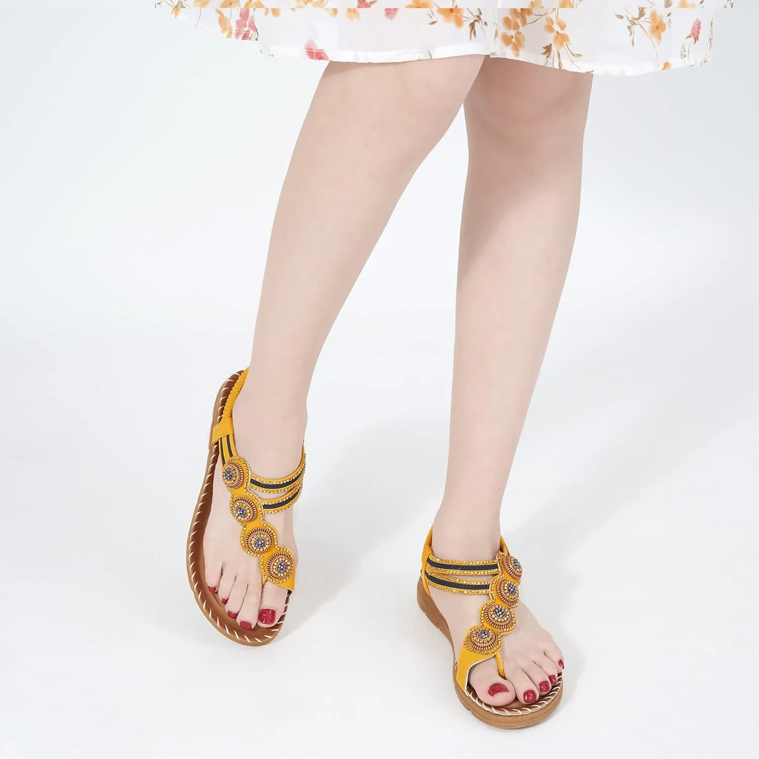 HARENCE Flat Sandals for Women Dressy: Comfortable Summer Flats Shoes Elastic Ankle Strap Bohemian Beaded Beach Sandal