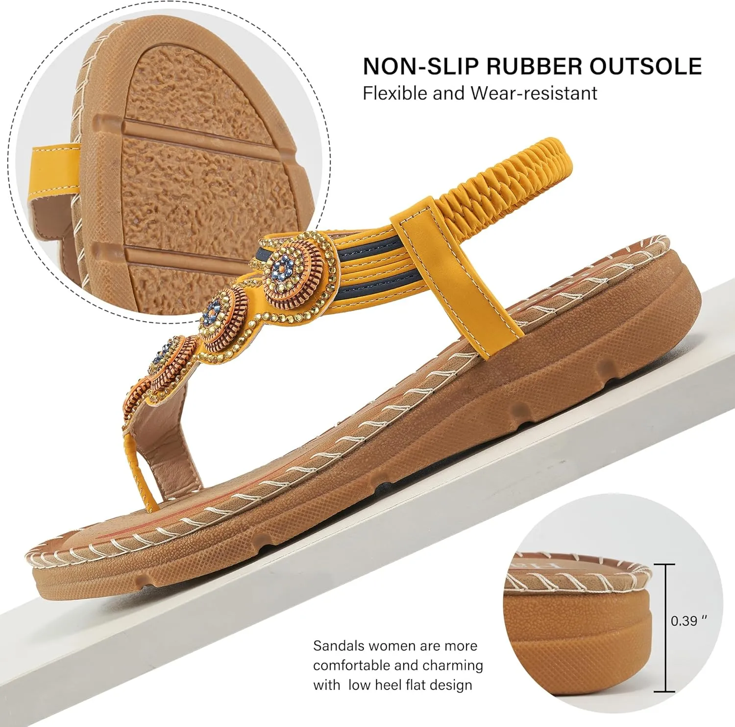 HARENCE Flat Sandals for Women Dressy: Comfortable Summer Flats Shoes Elastic Ankle Strap Bohemian Beaded Beach Sandal