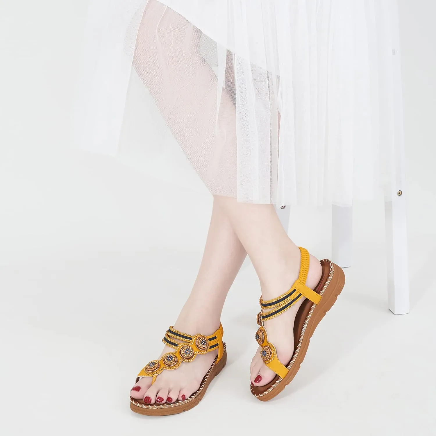 HARENCE Flat Sandals for Women Dressy: Comfortable Summer Flats Shoes Elastic Ankle Strap Bohemian Beaded Beach Sandal