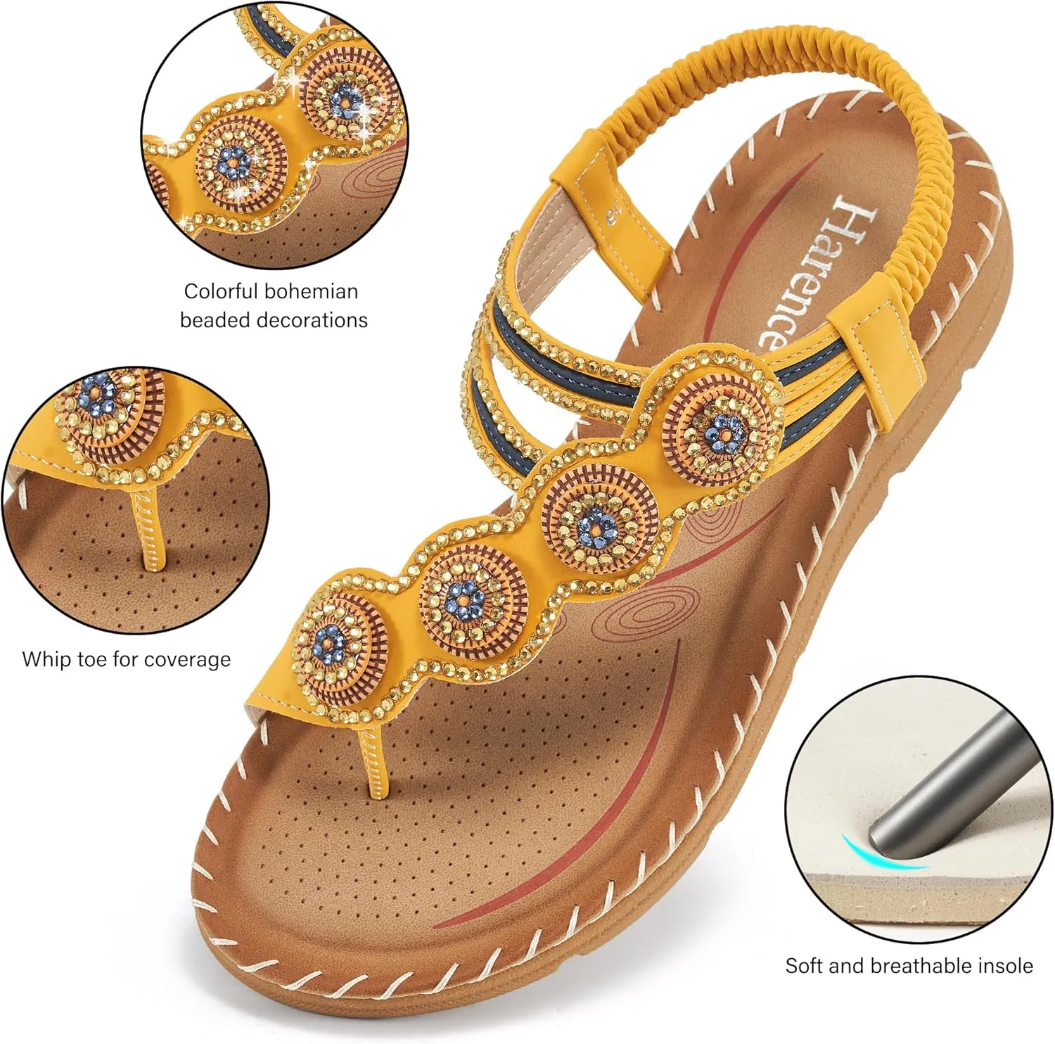 HARENCE Flat Sandals for Women Dressy: Comfortable Summer Flats Shoes Elastic Ankle Strap Bohemian Beaded Beach Sandal