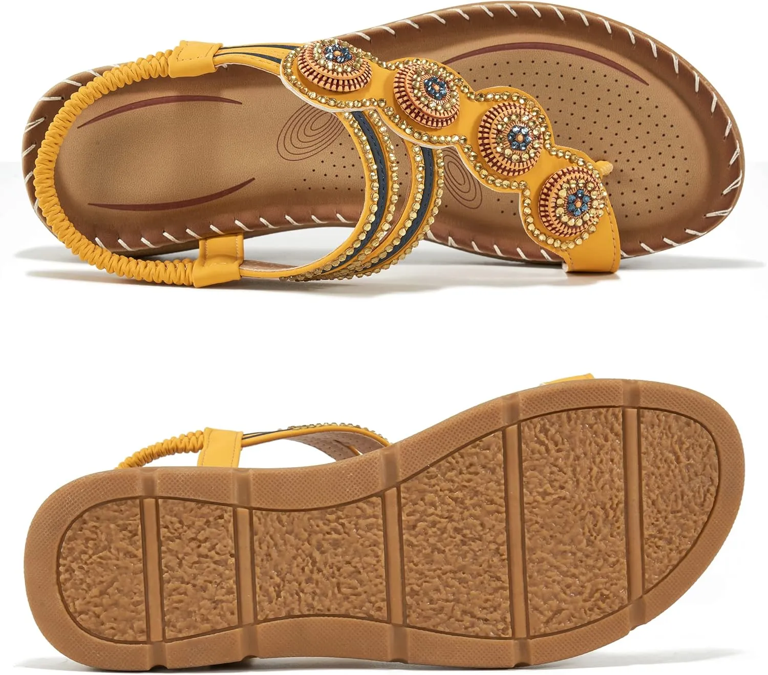 HARENCE Flat Sandals for Women Dressy: Comfortable Summer Flats Shoes Elastic Ankle Strap Bohemian Beaded Beach Sandal