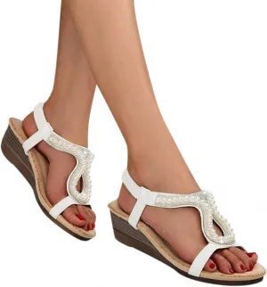 Hbeylia Platform Wedge Sandals for Women,Ladies Fashion Summer Boho Rhinestones Crystal Gladiator Open Toe Ethnic Low Heel Sandals Roman Lightweight Outdoor Sandals