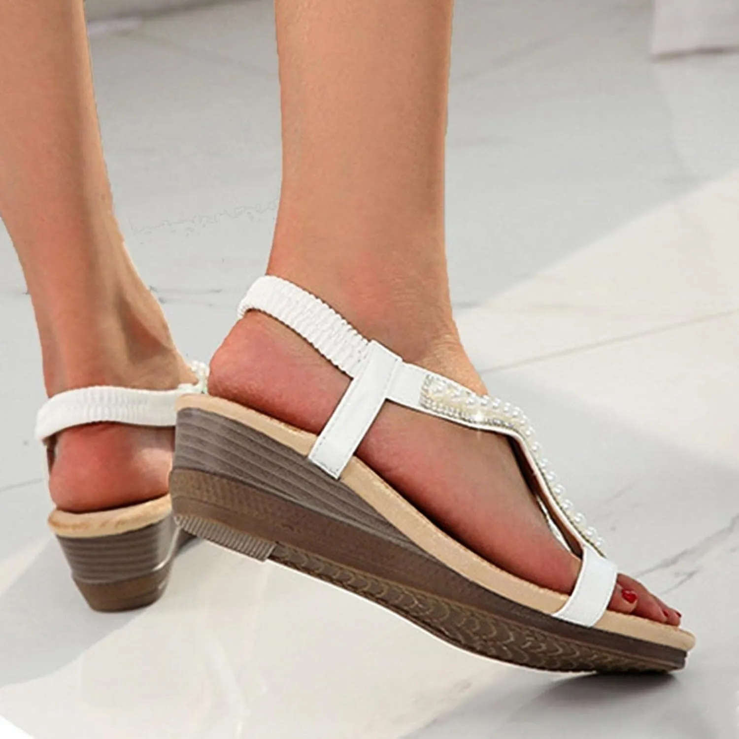 Hbeylia Platform Wedge Sandals for Women,Ladies Fashion Summer Boho Rhinestones Crystal Gladiator Open Toe Ethnic Low Heel Sandals Roman Lightweight Outdoor Sandals