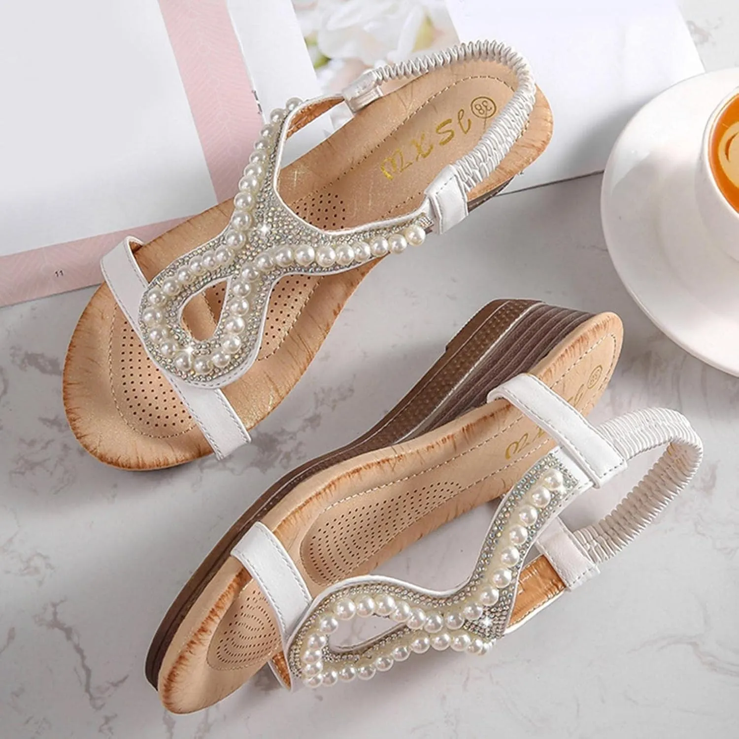 Hbeylia Platform Wedge Sandals for Women,Ladies Fashion Summer Boho Rhinestones Crystal Gladiator Open Toe Ethnic Low Heel Sandals Roman Lightweight Outdoor Sandals