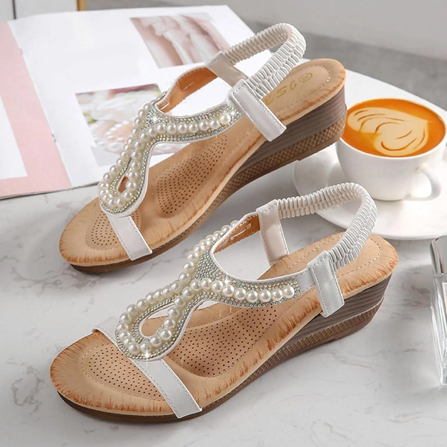Hbeylia Platform Wedge Sandals for Women,Ladies Fashion Summer Boho Rhinestones Crystal Gladiator Open Toe Ethnic Low Heel Sandals Roman Lightweight Outdoor Sandals