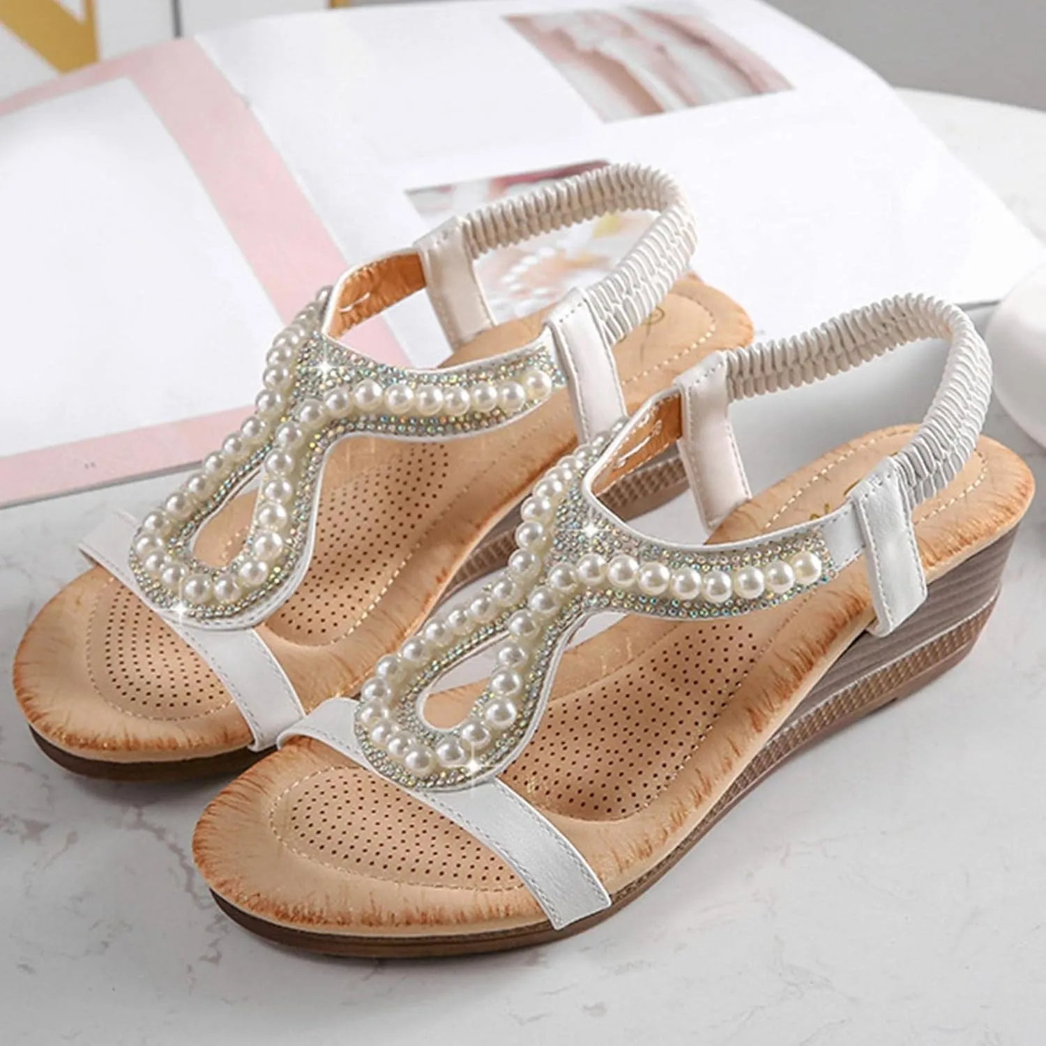 Hbeylia Platform Wedge Sandals for Women,Ladies Fashion Summer Boho Rhinestones Crystal Gladiator Open Toe Ethnic Low Heel Sandals Roman Lightweight Outdoor Sandals