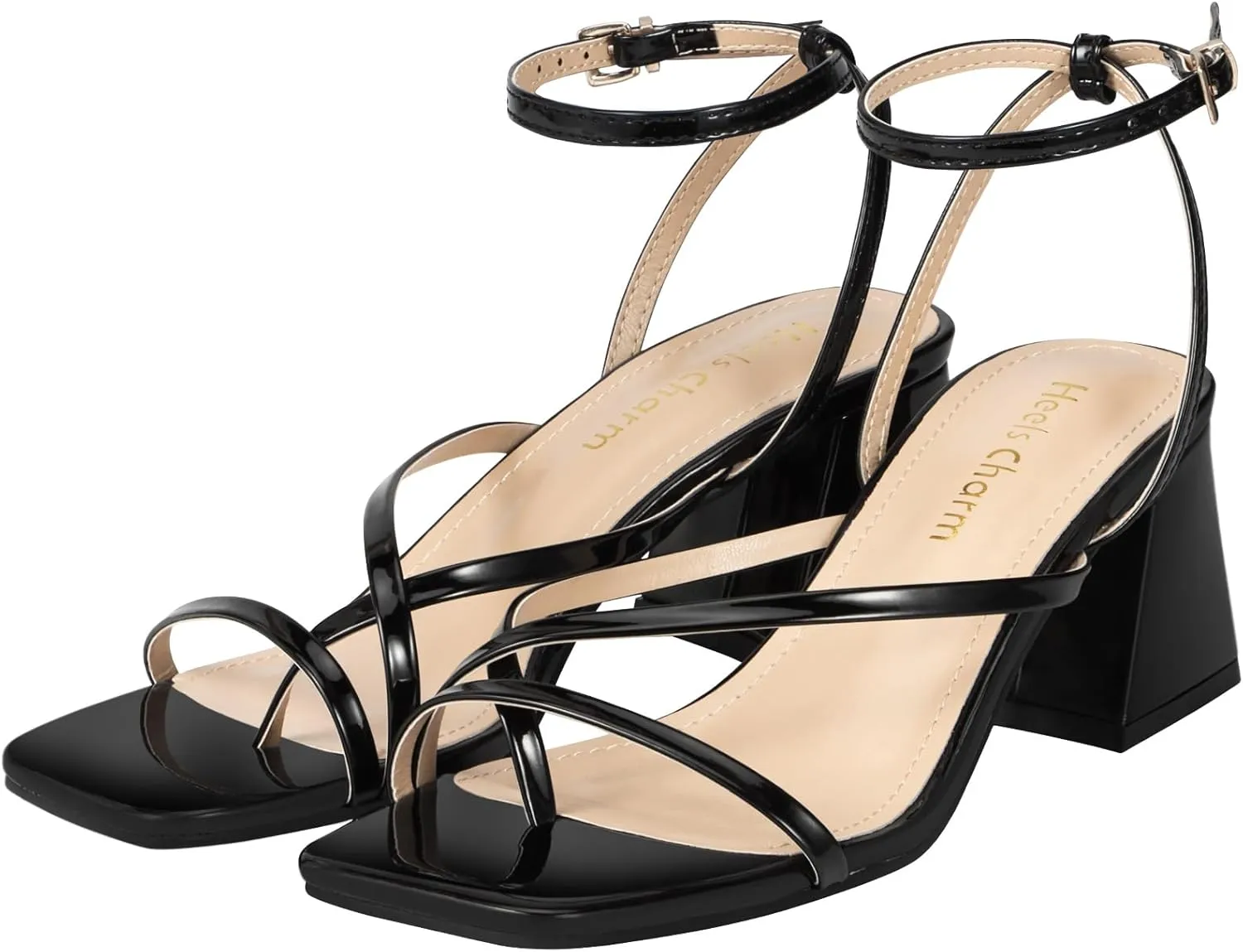 Heels Charm Women's Low Chunky Block Heeled Sandals 2.68 Inches Open Toe Cross Ankle Strap Block High Heel Sandal Dress Dancing Chunky Sandals Daily Work Party Wedding Shoes