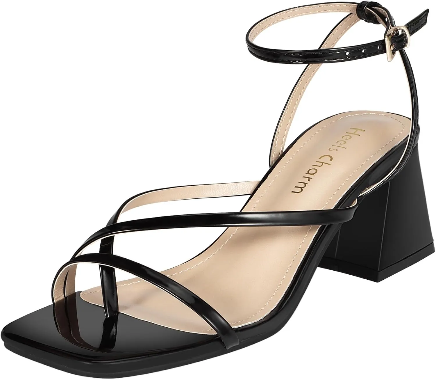 Heels Charm Women's Low Chunky Block Heeled Sandals 2.68 Inches Open Toe Cross Ankle Strap Block High Heel Sandal Dress Dancing Chunky Sandals Daily Work Party Wedding Shoes