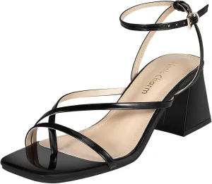 Heels Charm Women's Low Chunky Block Heeled Sandals 2.68 Inches Open Toe Cross Ankle Strap Block High Heel Sandal Dress Dancing Chunky Sandals Daily Work Party Wedding Shoes