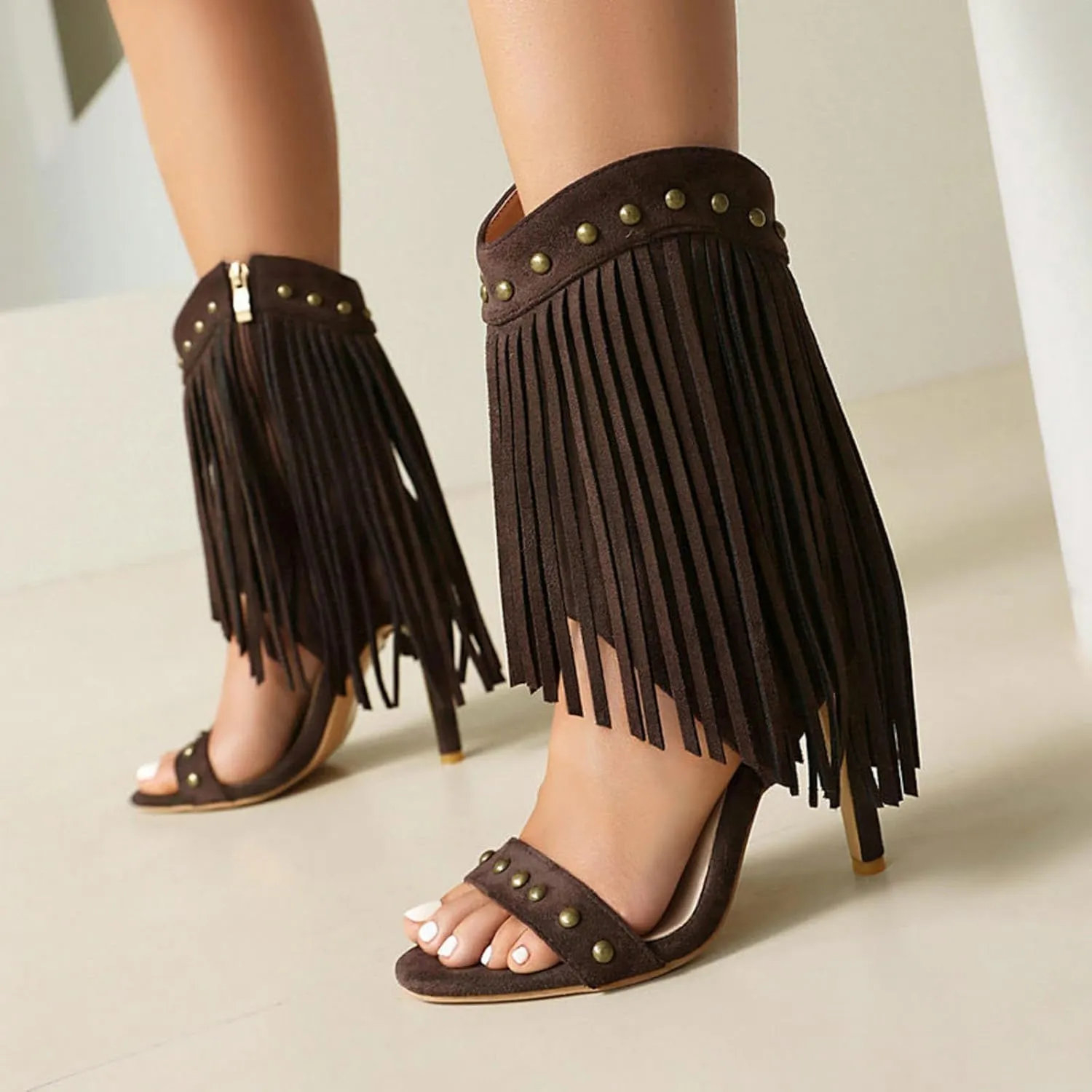 High Heels Women Suede Tassels Rivets Open Toe Sandals Booties with Side Zipper Fashion Party Dress Pumps Shoes 11cm