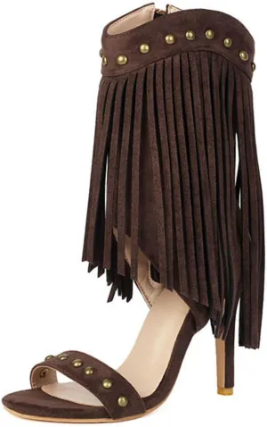 High Heels Women Suede Tassels Rivets Open Toe Sandals Booties with Side Zipper Fashion Party Dress Pumps Shoes 11cm