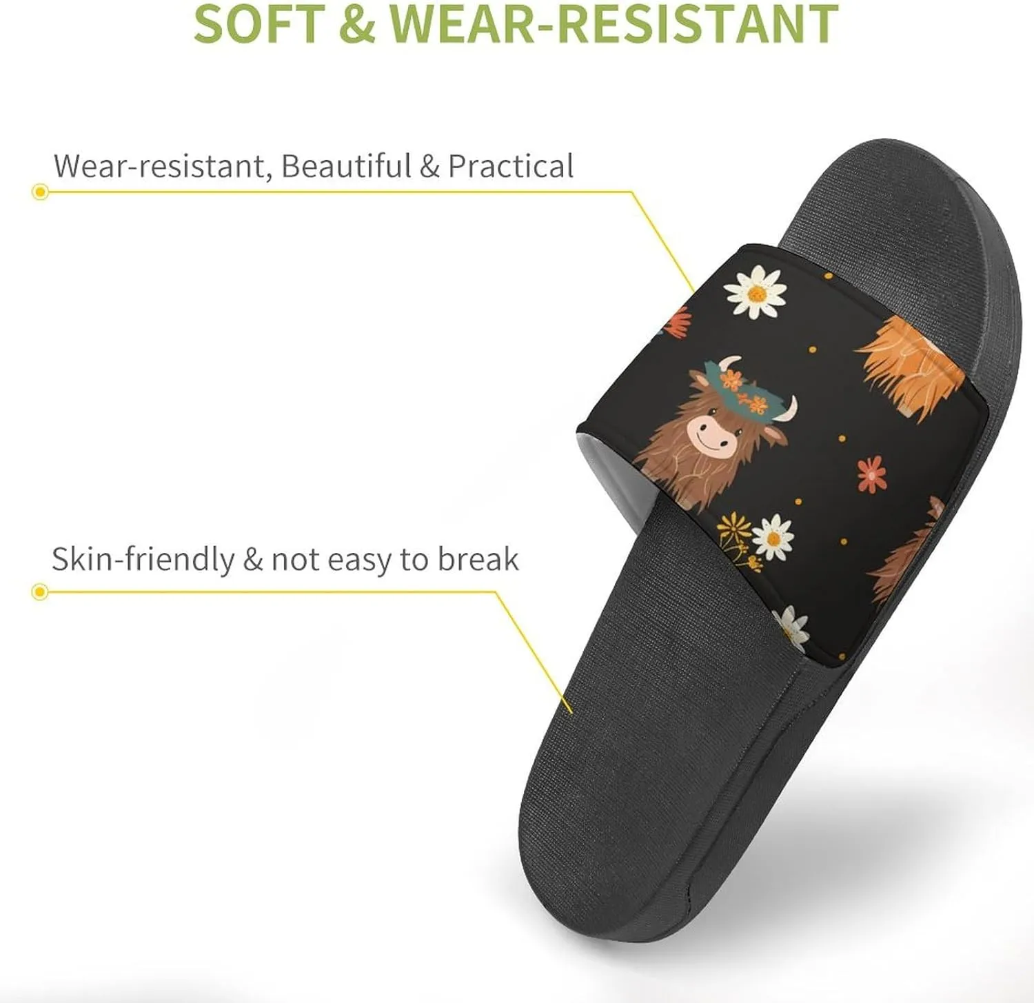 Highland Cow Floral Slippers for Women Men Anti-Slip Shower Slides Open Toe Slippers for Home Outdoor Beach