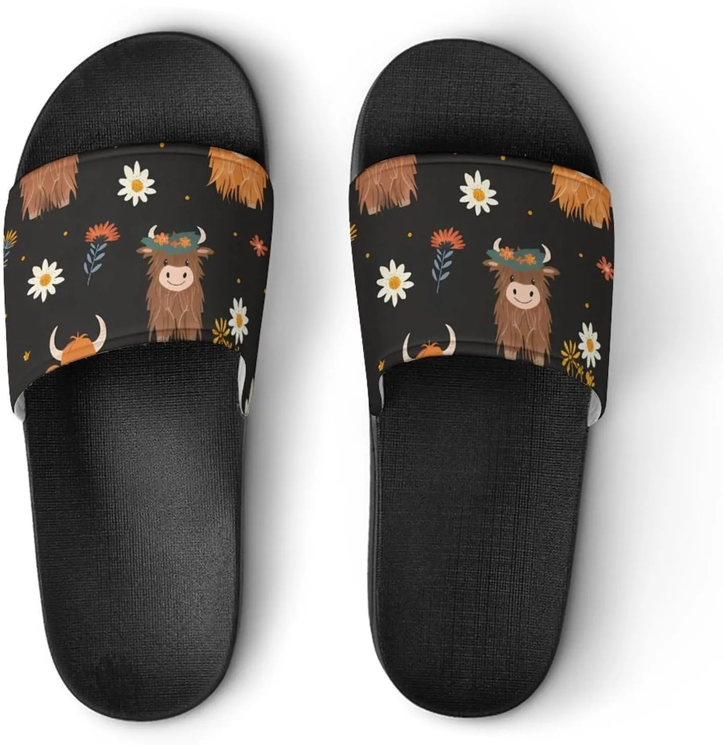 Highland Cow Floral Slippers for Women Men Anti-Slip Shower Slides Open Toe Slippers for Home Outdoor Beach