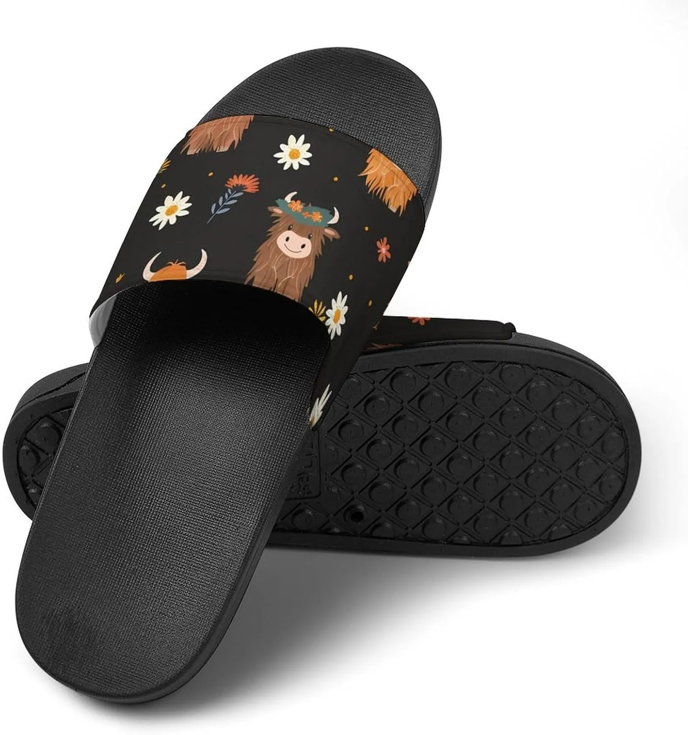 Highland Cow Floral Slippers for Women Men Anti-Slip Shower Slides Open Toe Slippers for Home Outdoor Beach