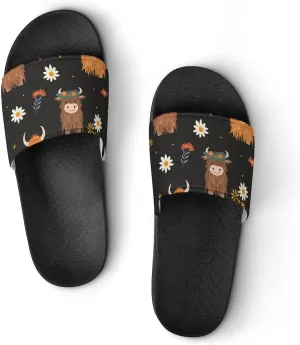 Highland Cow Floral Slippers for Women Men Anti-Slip Shower Slides Open Toe Slippers for Home Outdoor Beach