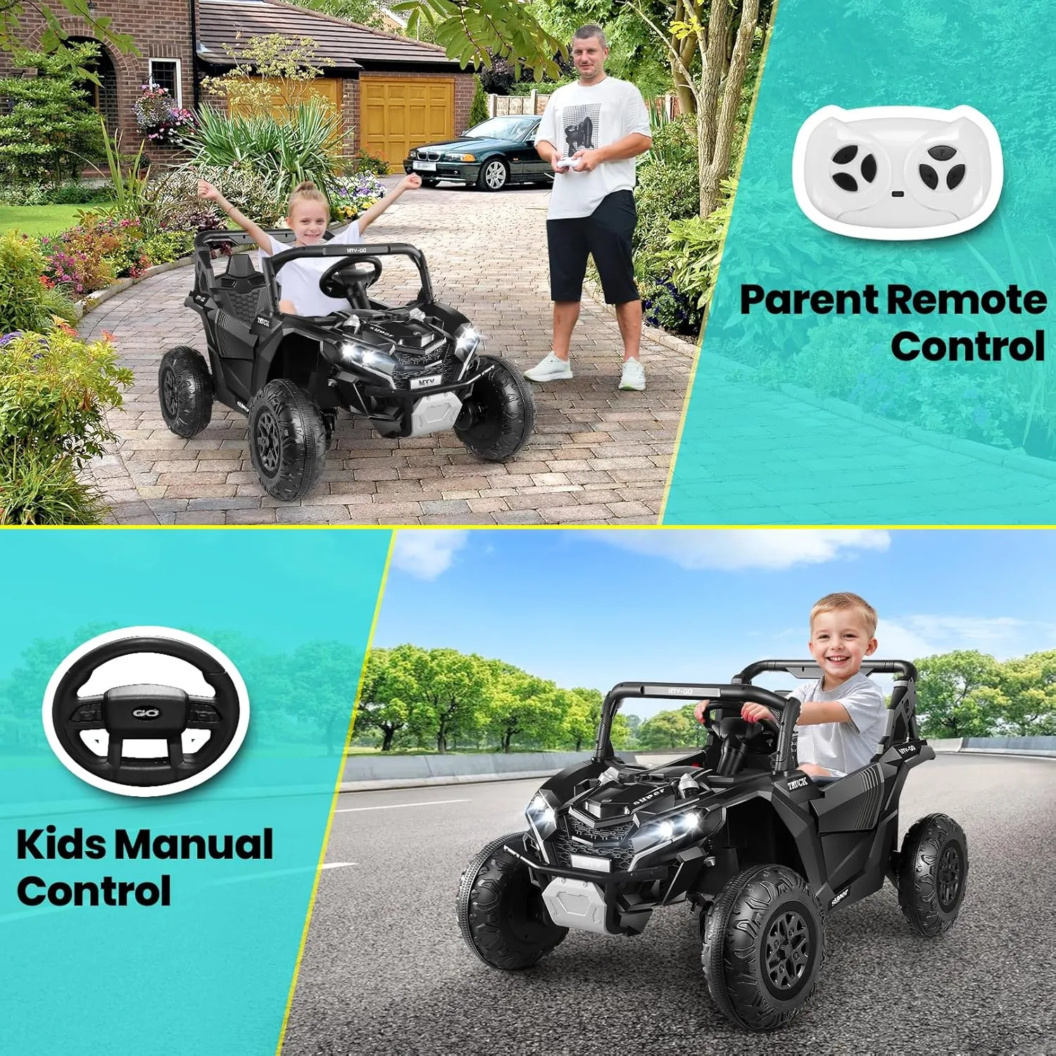 Hikole 24V Ride on Toy Car for Big Kids 4-8, XL Kids UTV 2 Seater with Remote Control, 20" Spacious Seat, 4WD/2WD, MP3 & USB, 3 Speed, Storage, Electric Powerful Cars for Boys Girls, Black