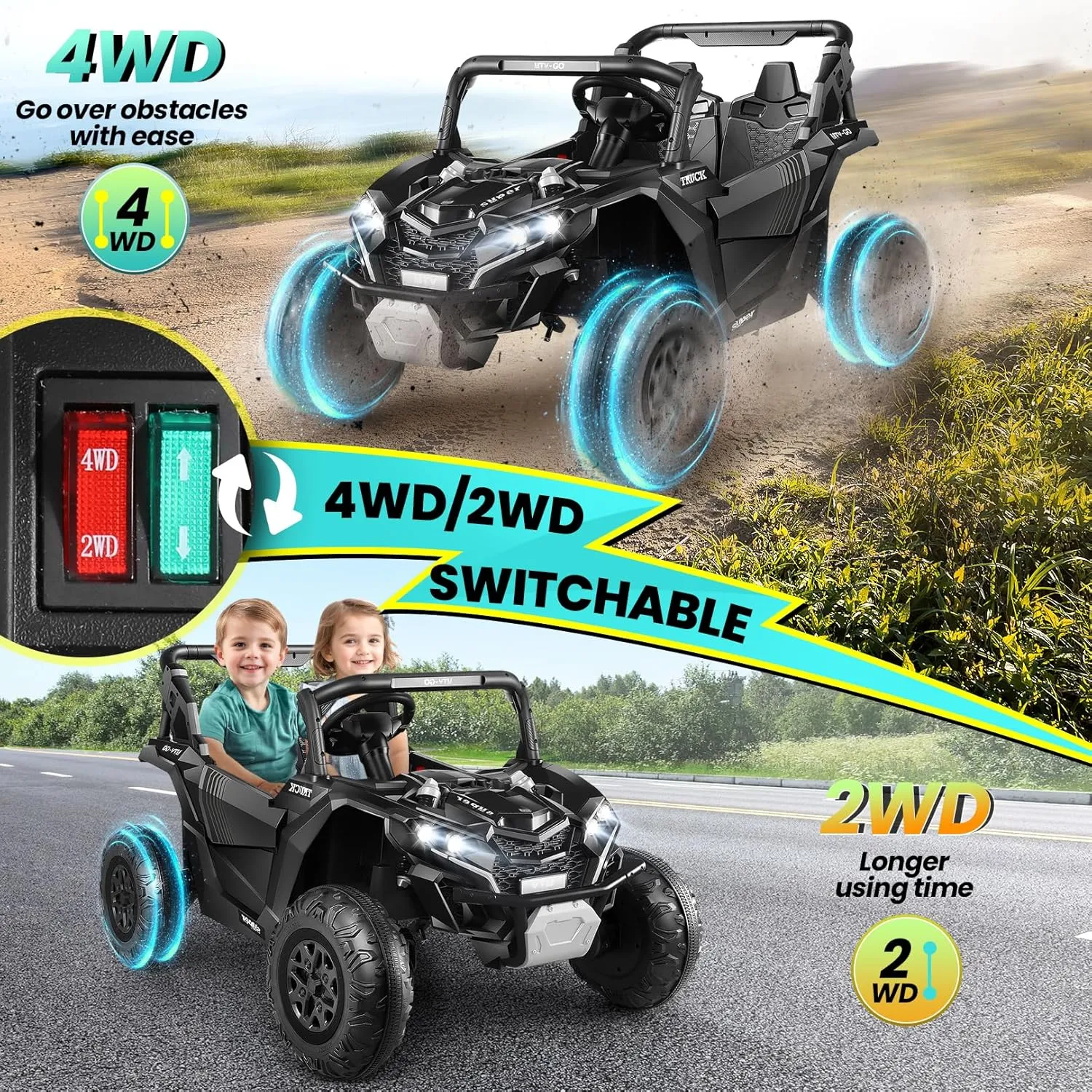 Hikole 24V Ride on Toy Car for Big Kids 4-8, XL Kids UTV 2 Seater with Remote Control, 20" Spacious Seat, 4WD/2WD, MP3 & USB, 3 Speed, Storage, Electric Powerful Cars for Boys Girls, Black