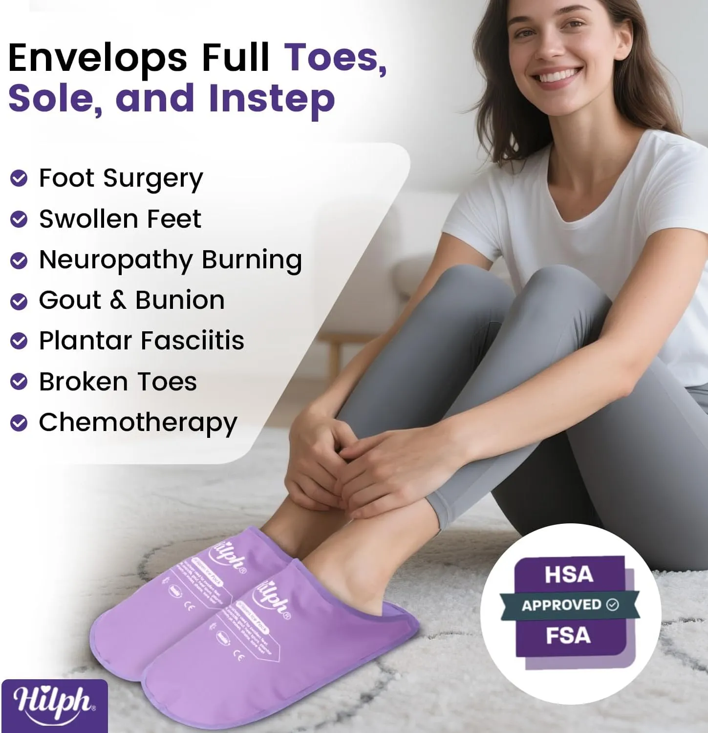 Hilph Foot Ice Pack Slippers for Plantar Fasciitis 2 Packs, Reusable Hot Cold Packs Gel Ice Slipper for Foot and Broken Toes, Gout, Foot Surgery, Neuropathy, Diabetic, Swollen (Purple)