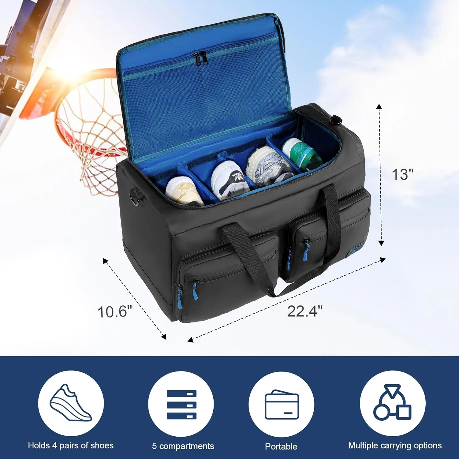 HOMBYS Sneaker Bag for Travel/Shoes, Fits 4 Pairs, Adjustable Compartments, Waterproof Duffle Bags with Individually Pockets, Blue