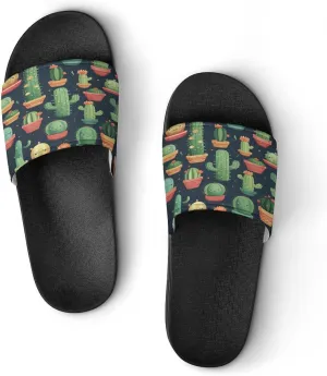 Home Slides Shower Sandals,Cute Cactus Seamless Illustration Print Open Toe Slippers,Summer Beach Slides,Non-Slip Shower Shoes for Indoor And Outdoor