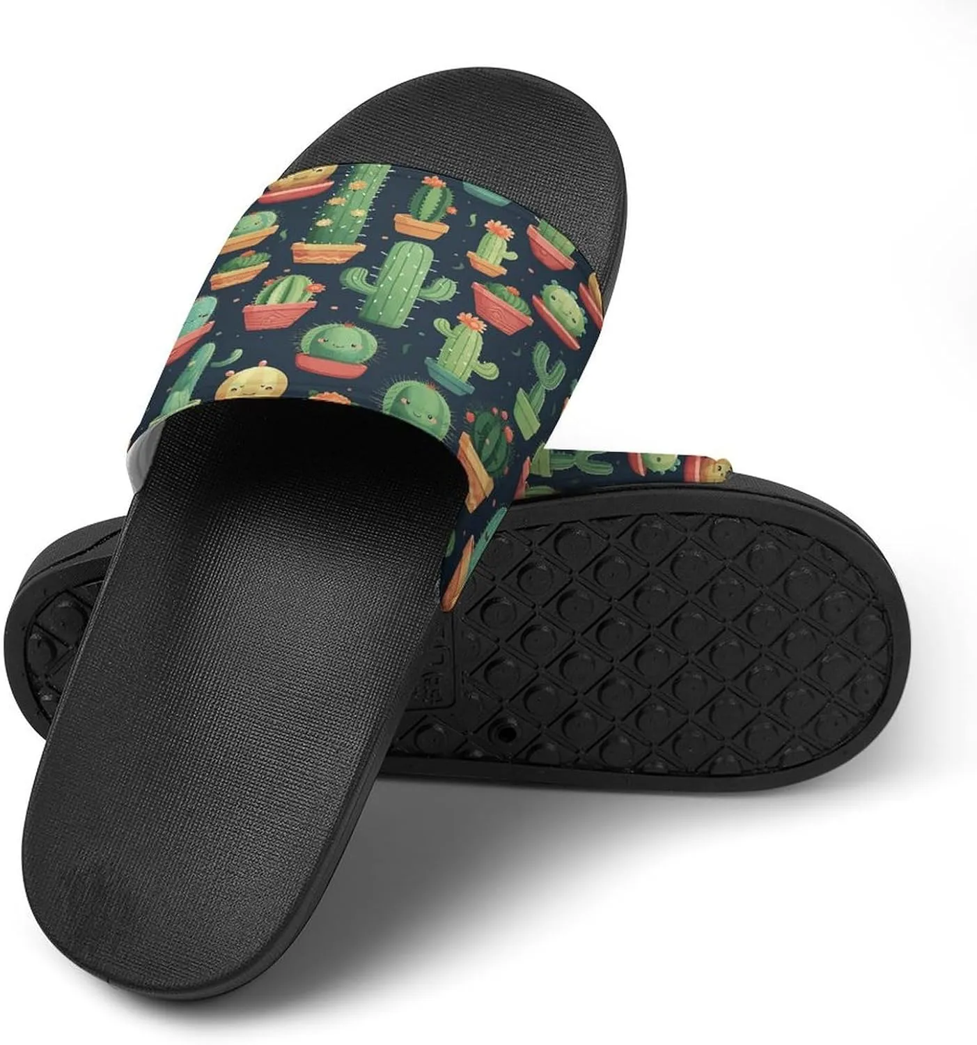 Home Slides Shower Sandals,Cute Cactus Seamless Illustration Print Open Toe Slippers,Summer Beach Slides,Non-Slip Shower Shoes for Indoor And Outdoor