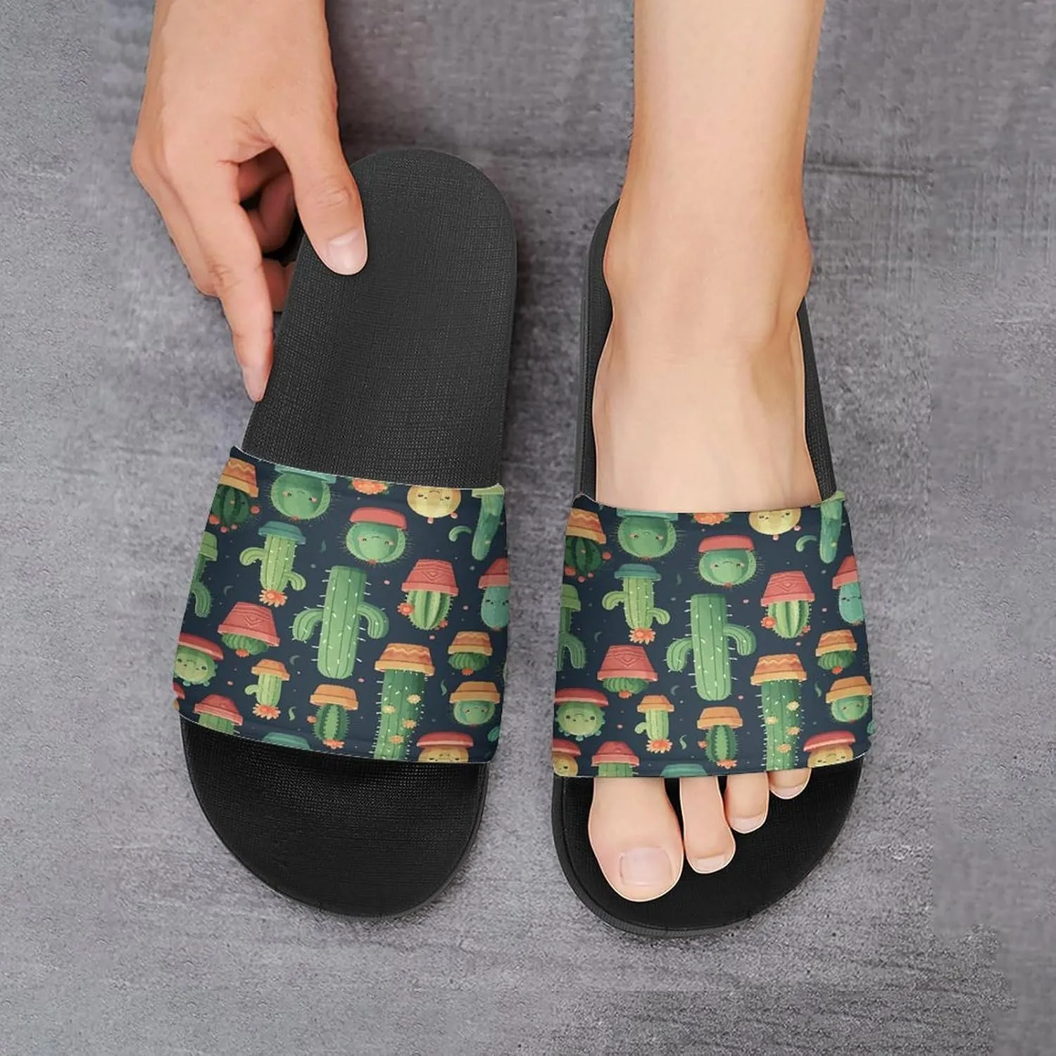 Home Slides Shower Sandals,Cute Cactus Seamless Illustration Print Open Toe Slippers,Summer Beach Slides,Non-Slip Shower Shoes for Indoor And Outdoor