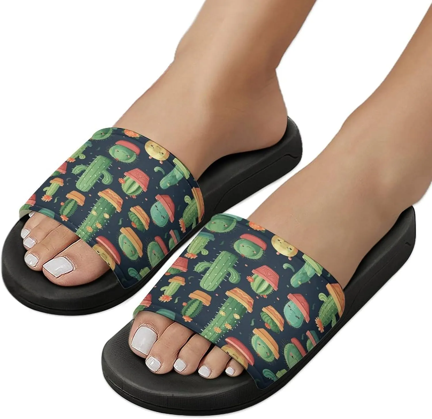 Home Slides Shower Sandals,Cute Cactus Seamless Illustration Print Open Toe Slippers,Summer Beach Slides,Non-Slip Shower Shoes for Indoor And Outdoor