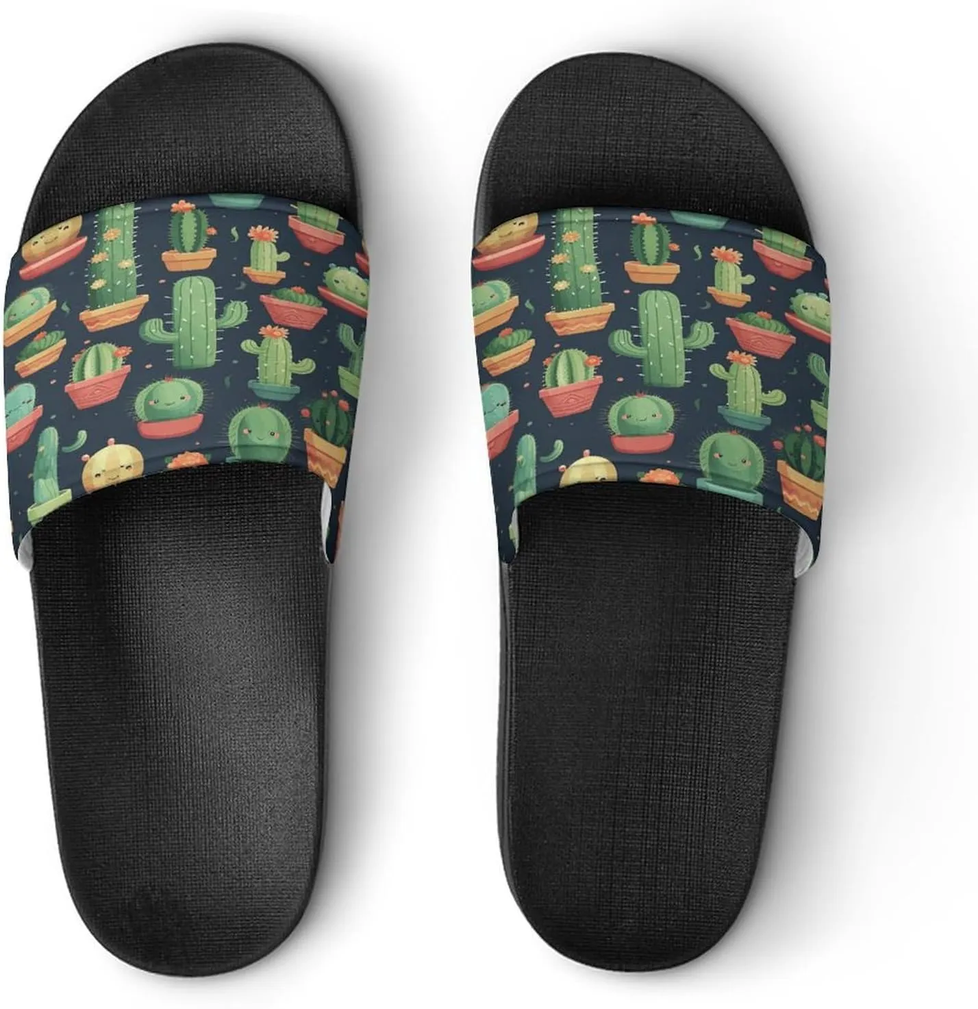 Home Slides Shower Sandals,Cute Cactus Seamless Illustration Print Open Toe Slippers,Summer Beach Slides,Non-Slip Shower Shoes for Indoor And Outdoor