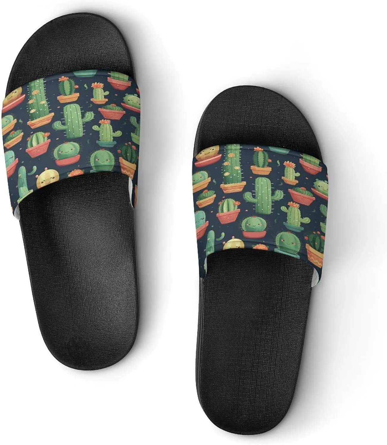 Home Slides Shower Sandals,Cute Cactus Seamless Illustration Print Open Toe Slippers,Summer Beach Slides,Non-Slip Shower Shoes for Indoor And Outdoor