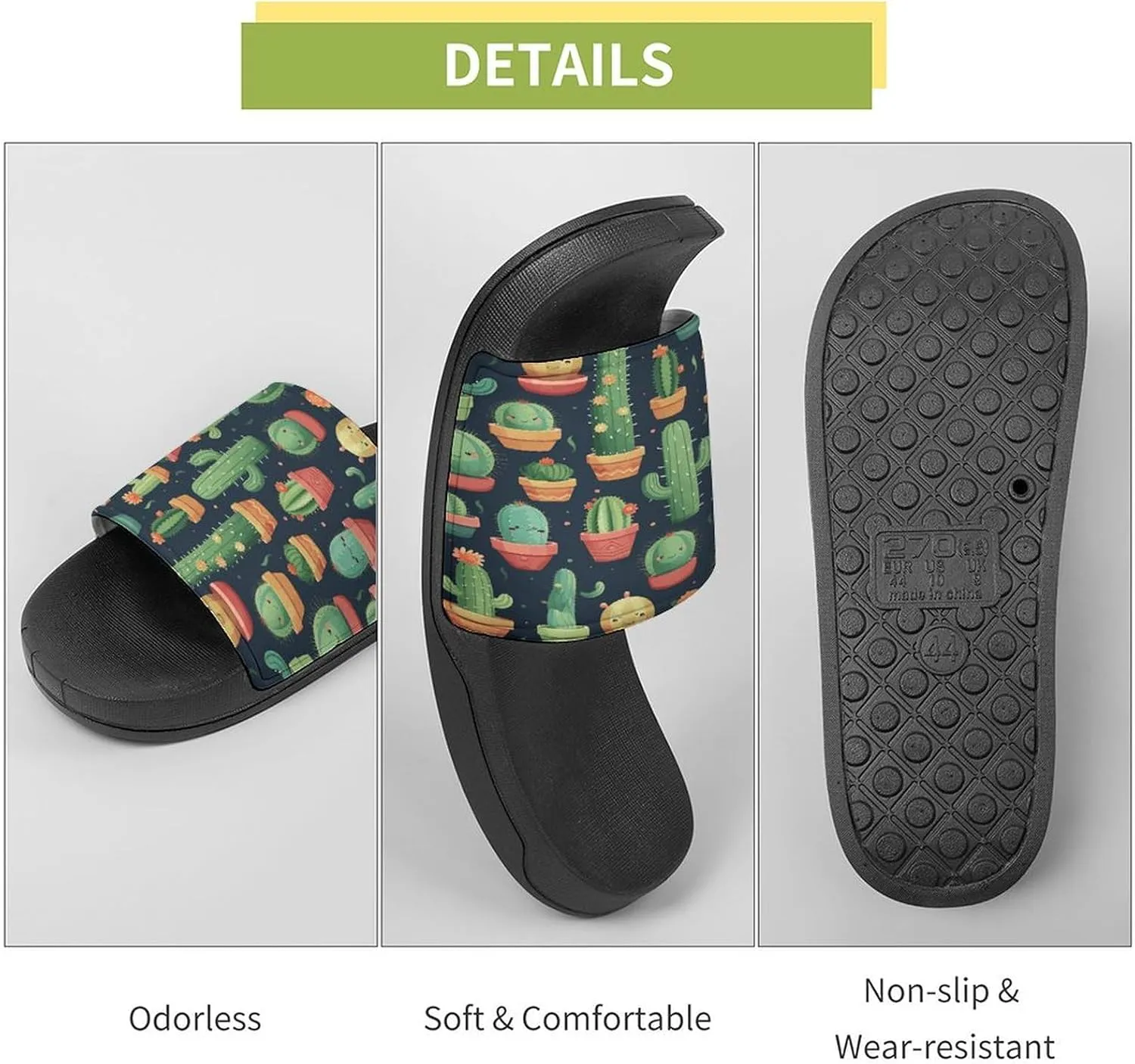 Home Slides Shower Sandals,Cute Cactus Seamless Illustration Print Open Toe Slippers,Summer Beach Slides,Non-Slip Shower Shoes for Indoor And Outdoor