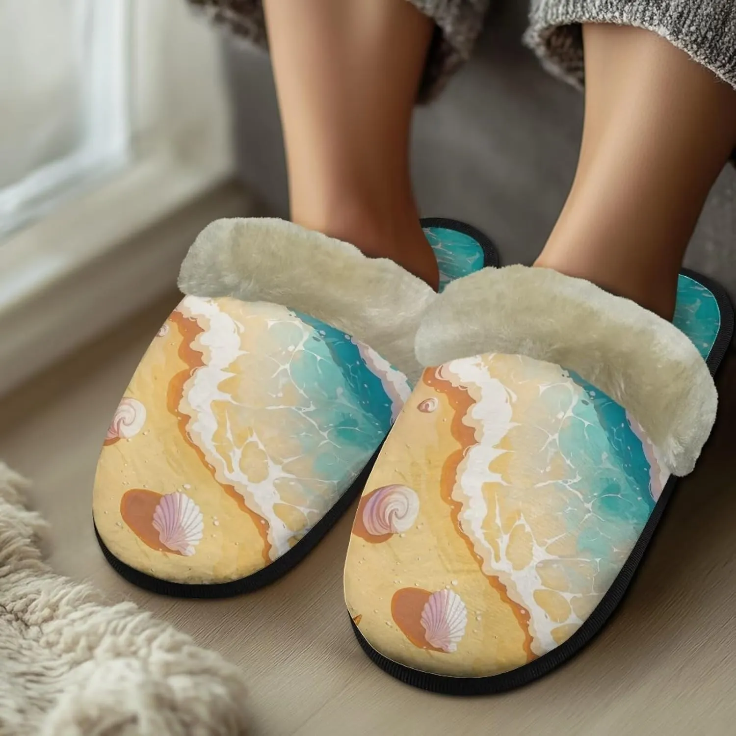 House Slipper Indoor Outdoor Slipper for Women with Furry Fluffy Collar Bedroom Slipper Warm Soft Winter Non-Slip Slipper for Ladies XS-XL
