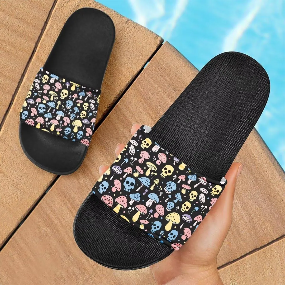 Howilath Cute Animal Women's Classic Open Toe Single Band Slip-On Flat Slide Sandal, Mandala Galaxy Butterflies Colorful Design Women Shower Slippers