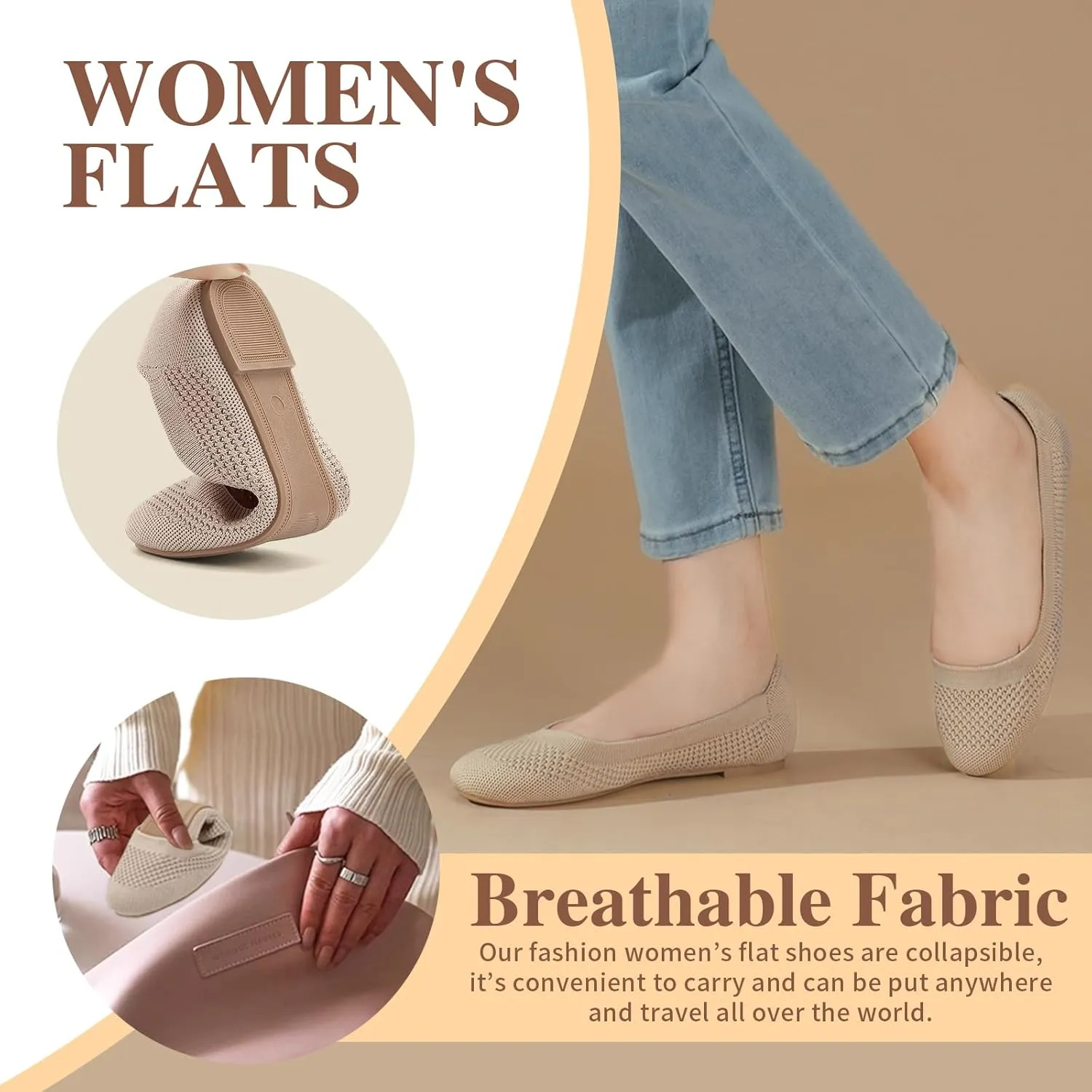 Hsttgsr Women's Ballet Flats Shoes Beige Comfortable Casual Dressy Mesh Shoes Slip On Ballerina Office Walking
