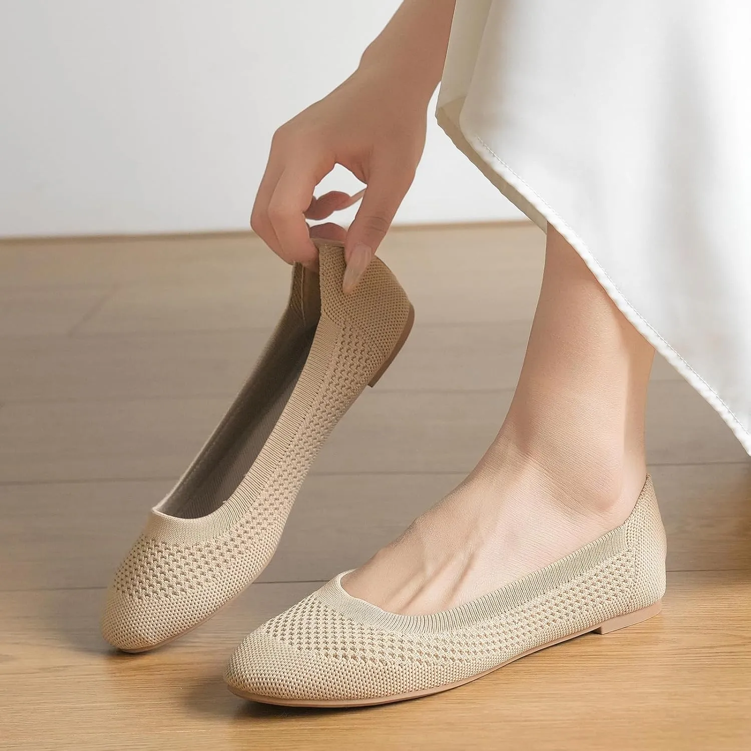 Hsttgsr Women's Ballet Flats Shoes Beige Comfortable Casual Dressy Mesh Shoes Slip On Ballerina Office Walking
