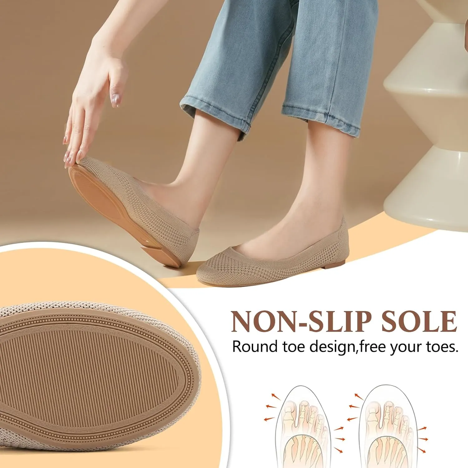 Hsttgsr Women's Ballet Flats Shoes Beige Comfortable Casual Dressy Mesh Shoes Slip On Ballerina Office Walking