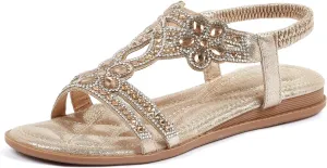 iCKER Women Rhinestone Sandals T-Strap Buckle Bohemian Pearl Crystal Flat Sandals