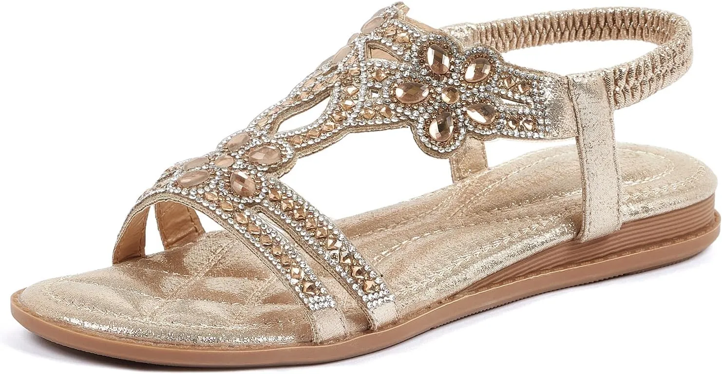 iCKER Women Rhinestone Sandals T-Strap Buckle Bohemian Pearl Crystal Flat Sandals