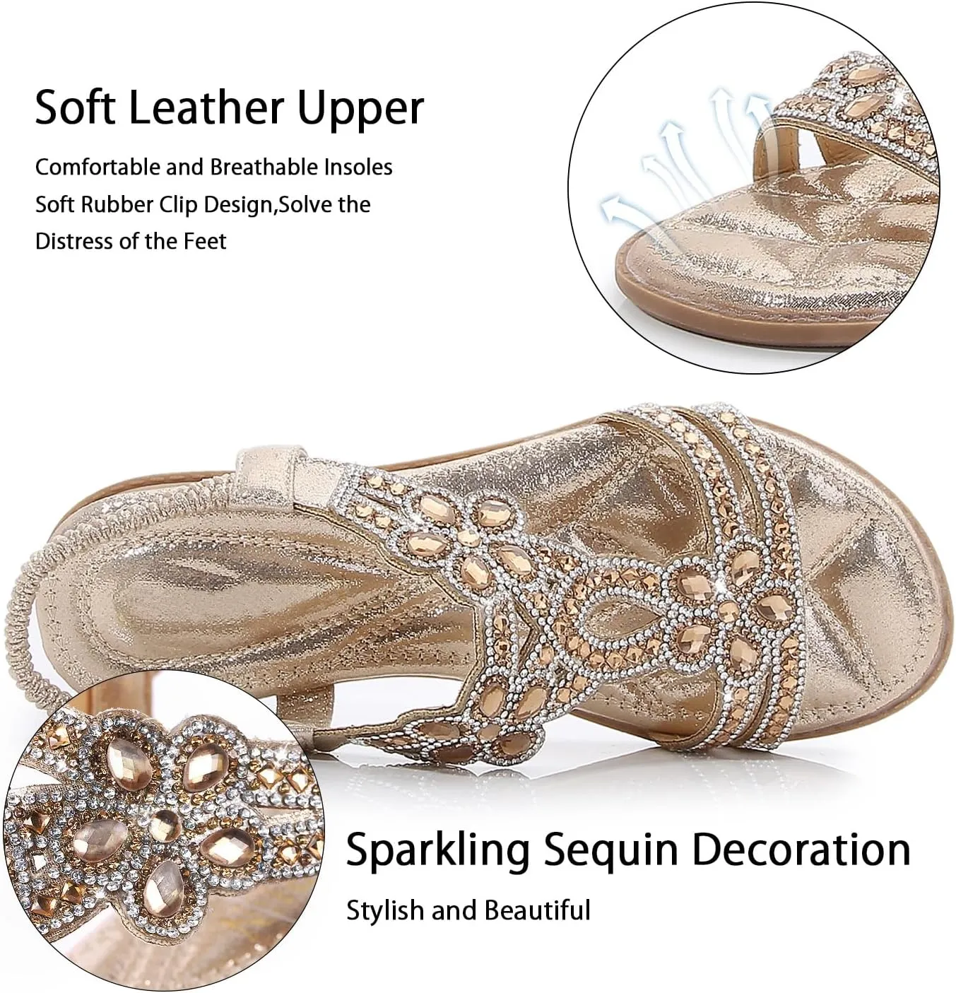 iCKER Women Rhinestone Sandals T-Strap Buckle Bohemian Pearl Crystal Flat Sandals