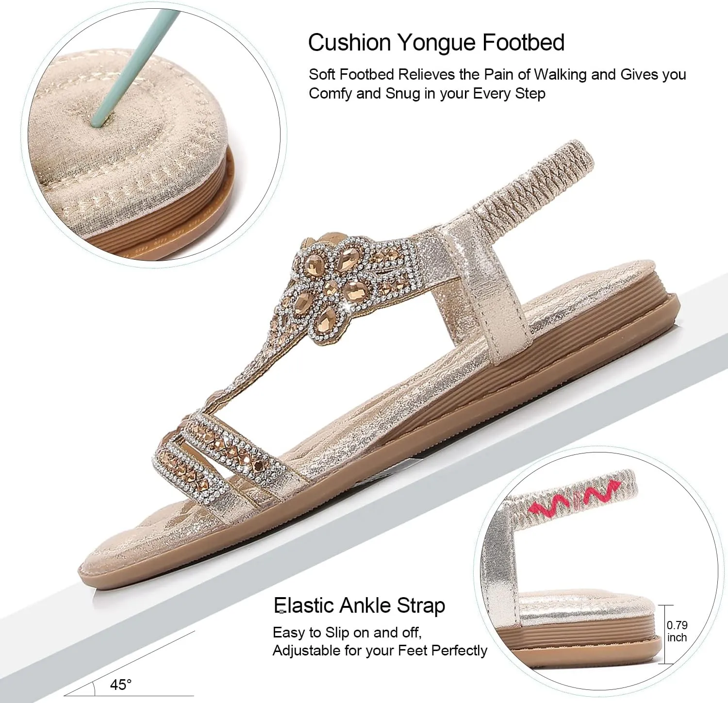 iCKER Women Rhinestone Sandals T-Strap Buckle Bohemian Pearl Crystal Flat Sandals
